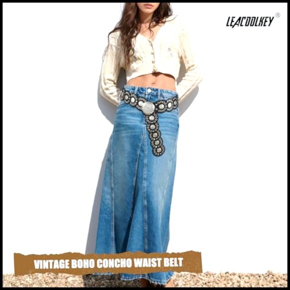 Western Leather Belt Vintage Boho Concho Hollow Disc Y2K Chic Waist Accessory main image 4